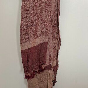 Burgundy & Taupe Patterned Scarf with Fringe